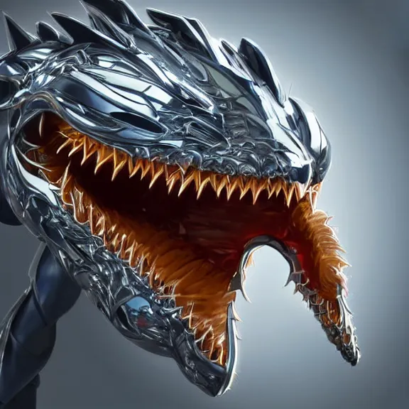 Image similar to close up mawshot of a cute elegant beautiful stunning hot anthropomorphic female robot dragon, with sleek silver metal armor, glowing OLED visor, facing the camera, the open dragon maw being highly detailed, with a gullet at the end and a long tongue, you looking into the maw, food pov, micro pov, vore, digital art, pov furry art, anthro art, furry, warframe art, high quality, 3D realistic, dragon mawshot art, maw art, macro art, micro art, dragon art, Furaffinity, Deviantart, Eka's Portal, G6