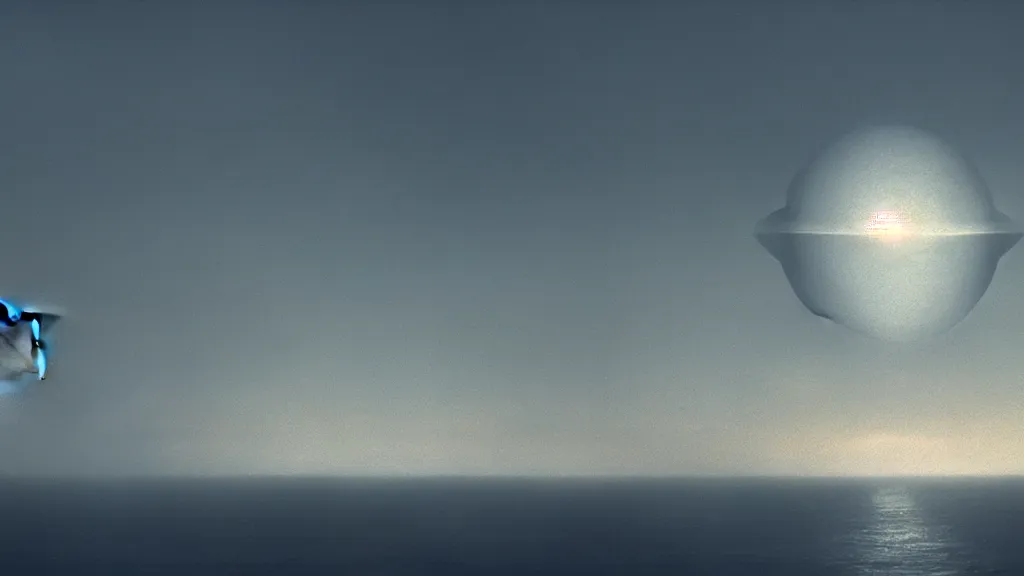 Prompt: a spherical white spaceship hovers over Earth's oceans near the Cliffs of Dover at Dusk, film still from the movie directed by Denis Villeneuve with art direction by Zdzisław Beksiński, wide lens