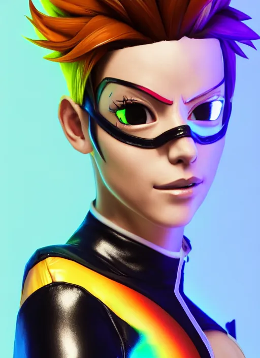 Image similar to portrait bust digital artwork of tracer overwatch, wearing white iridescent rainbow latex and leather straps catsuit outfit, 4 k, expressive happy smug expression, makeup, in style of mark arian, angel wings, wearing detailed black leather collar, chains, black leather harness, detailed face and eyes,