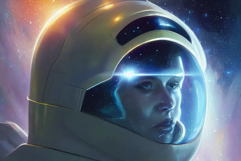 Prompt: Portrait of a Futuristic reflective spacesuit visor mirror spacesuit reflecting a nebula supernova in space, portrait, elegant, intricate, digital painting, artstation, concept art, smooth, sharp focus, illustration, art by artgerm and greg rutkowski and alphonse mucha