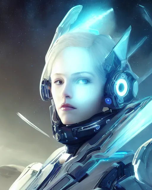Prompt: photo of an android girl on a mothership, warframe armor, beautiful face, scifi, nebula, futuristic, space, galaxy, raytracing, dreamy, perfect, atmosphere, aura of light, pure, white hair, blue cyborg eyes, glow, insanely detailed, intricate, innocent look, art by akihiko yoshida, kazuya takahashi