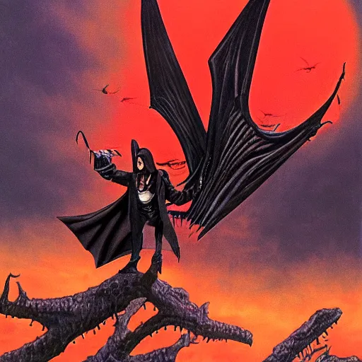 Prompt: vampire Mortiis flying with bat wings at sunset by Greg Hildebrandt. Wearing leather and spikes