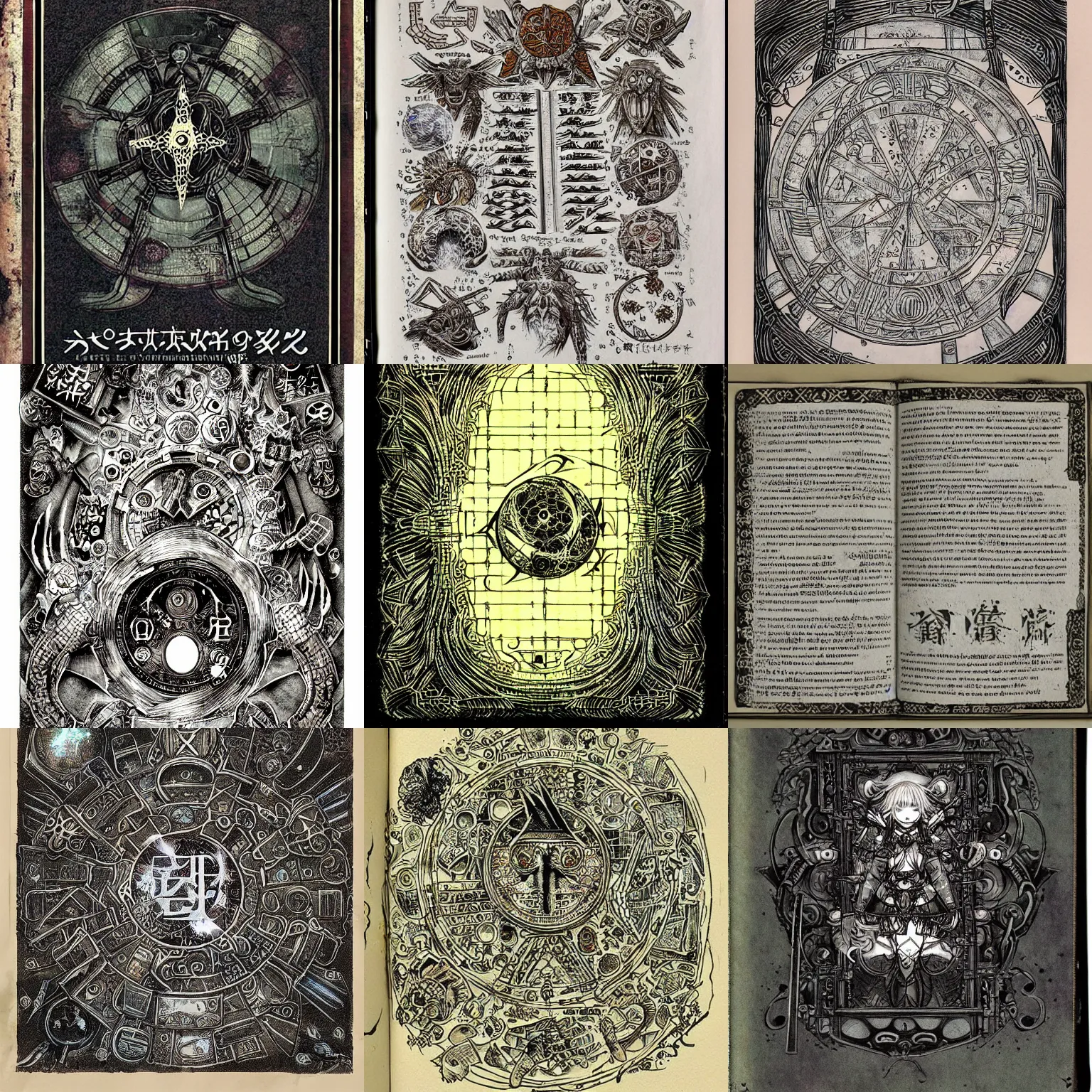 Prompt: ancient logographic forbidden grimoire by Yoshitaka Amano