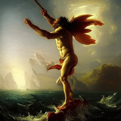 Prompt: portrait of proud and screaming Poseidon rising from the ocean, ready to fight with trident, fantasy art, by Thomas Cole, dark colors, sinister atmosphere