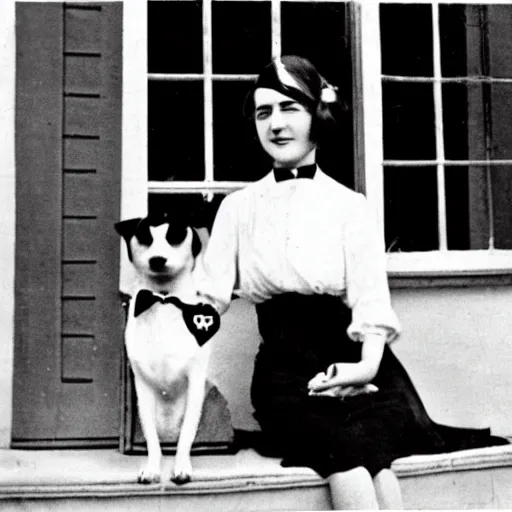 Image similar to an vintage wide snapshot from the 1 9 2 0 s shows a archduchess with posing with her dog, a jack russell terrier, outside an open window. she wears a fancy white shirt with a big bowtie, along with a dark - colored skirt. she wore her wristwatch over the cuff of her blouse in the manner of gianni agnelli.