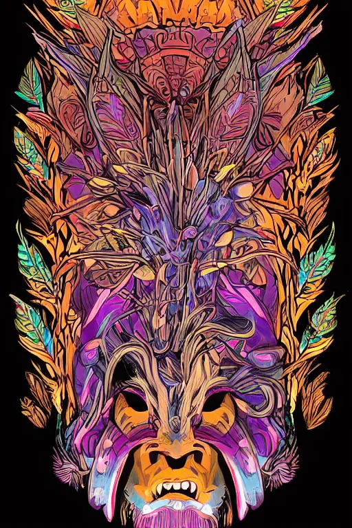 Image similar to animal mask totem roots flower tribal feather gemstone plant wood rock shaman vodoo video game vector cutout illustration vivid multicolor borderlands comics by josan gonzales and dan mumford radiating a glowing aura