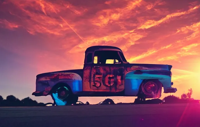 Image similar to a sunset light landscape with historical route 6 6, lots of sparkling details and sun ray ’ s, blinding backlight, smoke, volumetric lighting, colorful, octane, 3 5 mm, abandoned gas station, old rusty pickup - truck, beautiful epic colored reflections, very colorful heavenly, softlight