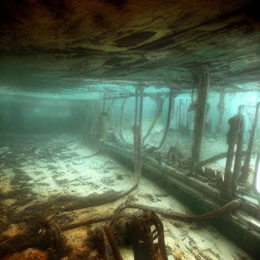 Image similar to inside of a rusty shipwreck, underwater, creepy, horror, eerie, scary,