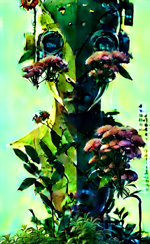 Image similar to a cyborg in some plants with flowers for a face by satoshi kon and greg rutkowski, 7 0's vintage sci - fi flat surreal design