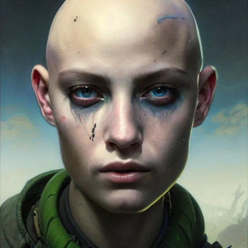 Prompt: portrait painting of a post - apocalyptic green haloed bald androgynous teenager with white eyes, ultra realistic, concept art, intricate details, eerie, highly detailed, photorealistic, octane render, 8 k, unreal engine. art by artgerm and greg rutkowski and charlie bowater and magali villeneuve and alphonse mucha