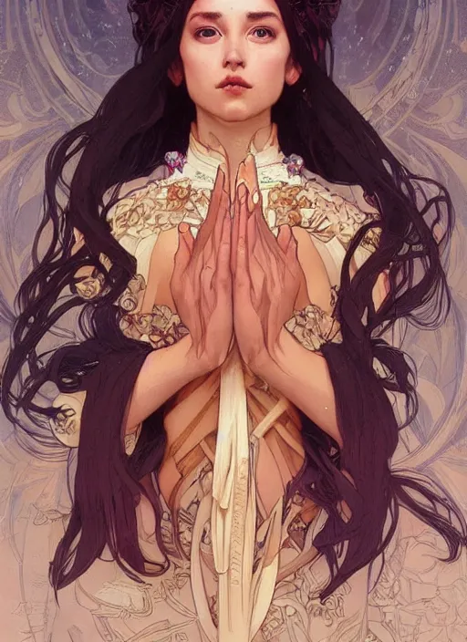 Image similar to queen, hannah owo face, incredibly detailed face, pretty face, light dress, true anatomy, art by artgerm and greg rutkowski and alphonse mucha