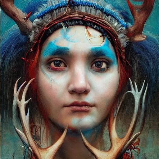 Prompt: A young female shaman blindfolded with a decorated headband, blue hair and antlers on her head, made by Esao Andrews and Karol Bak and Zdzislaw Beksinski