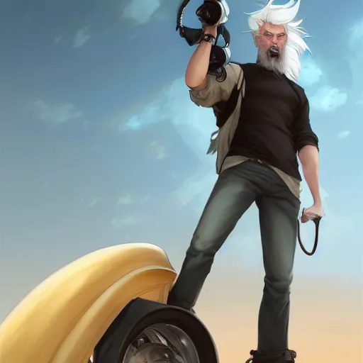 Prompt: a man with stylish white hair,an unusual beard and yellow eyes walking driving a scooter through a desert,character design by charlie bowater, ross tran, artgerm, and makoto shinkai, detailed, inked, western comic book art, 2021 award winning painting,digital art,art by greg rutkowski,photorealistic,highly detailed,hyperdetailed,hyperrealistoc,detailed face,surreal,fantasy,real life