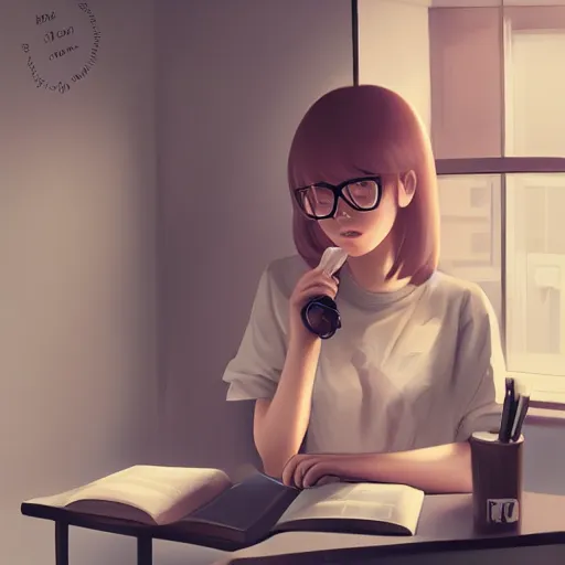 Prompt: LoFi girl studying, trending on art station, by Mike Winklemann