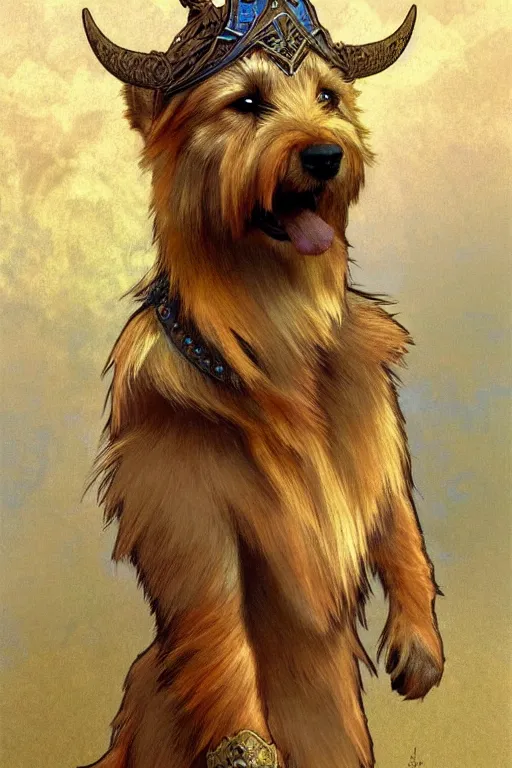 Image similar to norwich terrier as an Viking vwarrior, fantasy, long hair, intricate, elegant, highly detailed, digital painting, artstation, concept art, smooth, sharp focus, illustration, art by alphonse mucha