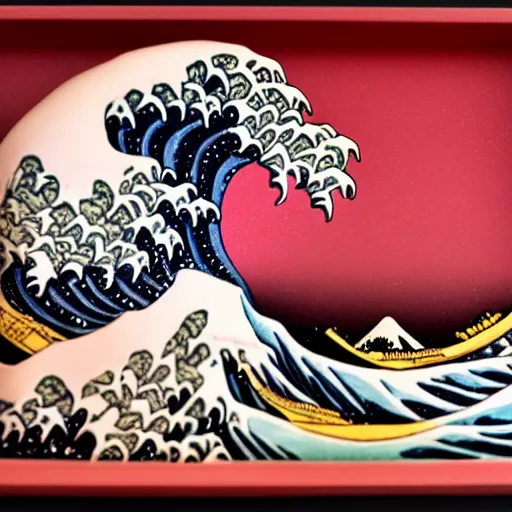 Image similar to carved diorama of the great wave off kanagawa with pink lava and fire, carved out of transparent marble with celadon glaze