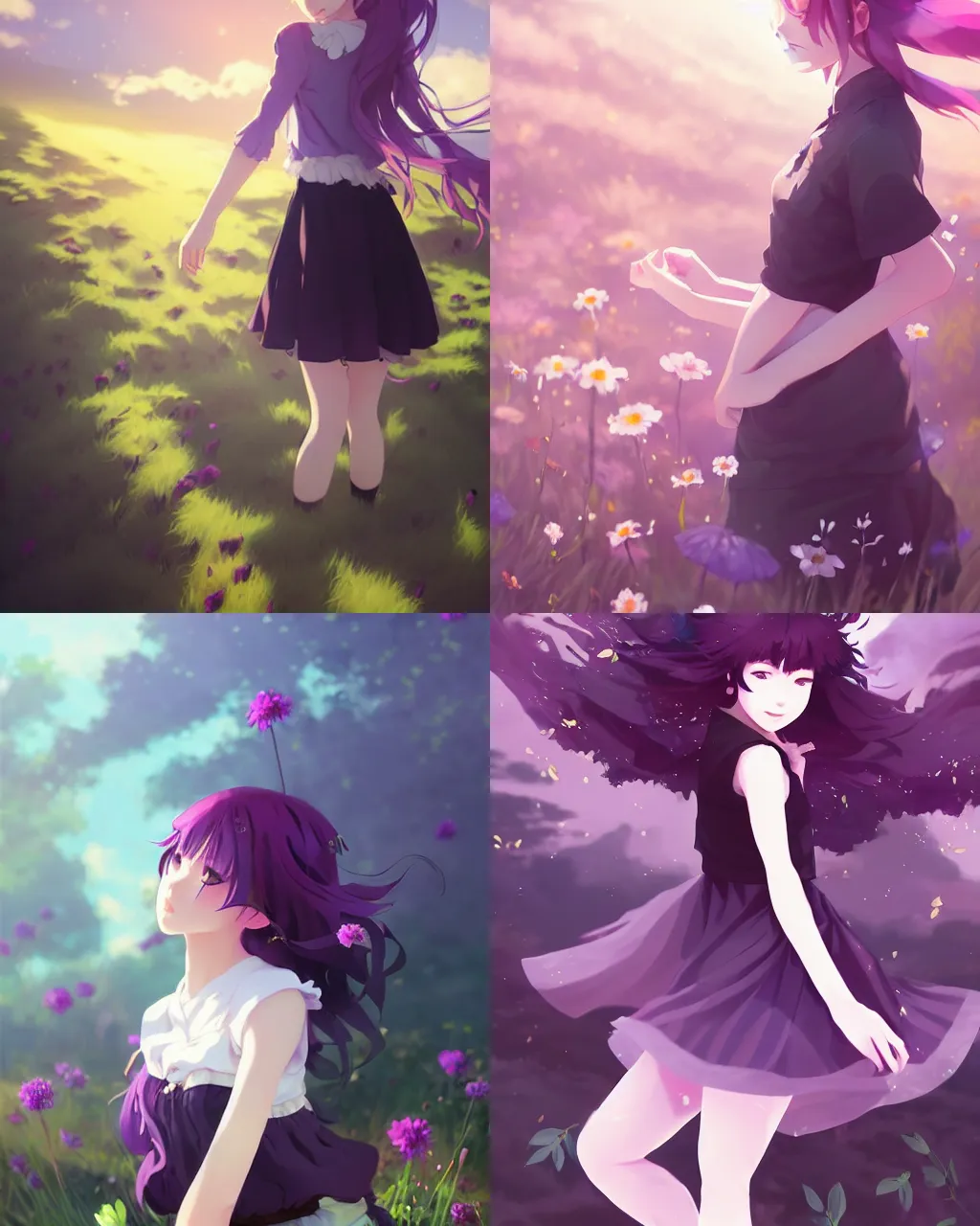 Prompt: girl with purple hair and black skirt, there are many flowers around, a beautiful half body illustration, top lighting, perfect shadow, soft painting, art by hidari and makoto shinkai and wenjun lin