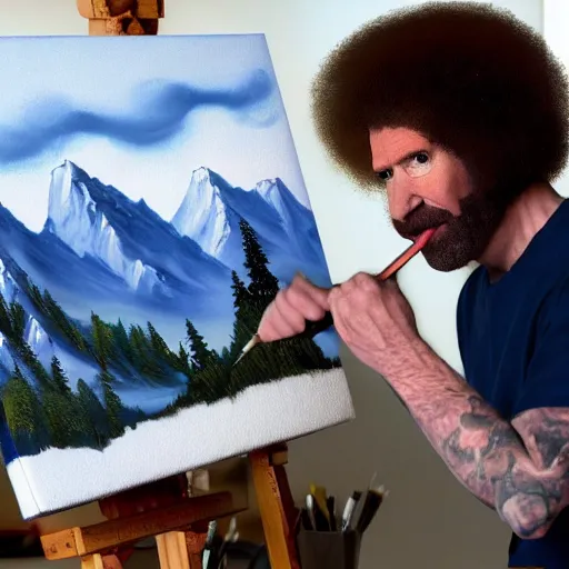 Image similar to a closeup photorealistic photograph of bob ross working on a canvas painting of marilyn manson. mountain scape. happy trees. film still. brightly lit scene. this 4 k hd image is trending on artstation, featured on behance, well - rendered, extra crisp, features intricate detail, epic composition and the style of unreal engine.