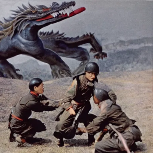 Image similar to photo of Japanese dogfighters fighting a giant oriental dragon, world war 2, Color,