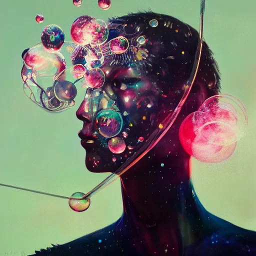 Prompt: surreal gouache painting, yoshitaka amano, ruan jia, conrad roset, bubbles, orbs, incredibly detailed, of floating molecules and a mannequin artist holding an icosahedron with stars, clouds, and rainbows in the background, retrowave, modular patterned mechanical costume headpiece, artstation masterpiece, minimalistic