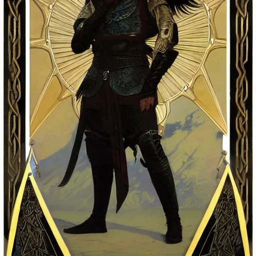 Prompt: pale, beautiful black-haired Viking lord wih sharp features, wearing a gilded black scale armor in the shape of art deco feathers and an arrogant heroic expression, by Greg Rutkowski, Brom, and Alphonse Mucha