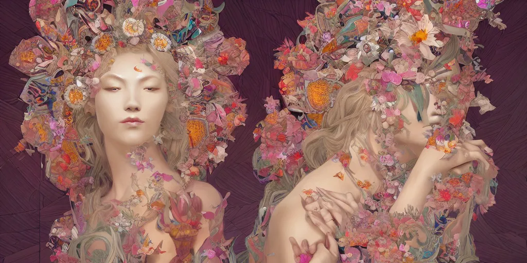 Image similar to breathtaking detailed concept art painting kaleidoscope art deco pattern of blonde faces goddesses amalmation flowers, by hsiao - ron cheng, bizarre compositions, exquisite detail, extremely moody lighting, 8 k