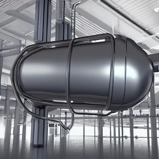 Image similar to big metallic capsule connected to pipelines, purpose is pump, standing in large industrial hall, designed by best engineers, raytracing, reflections