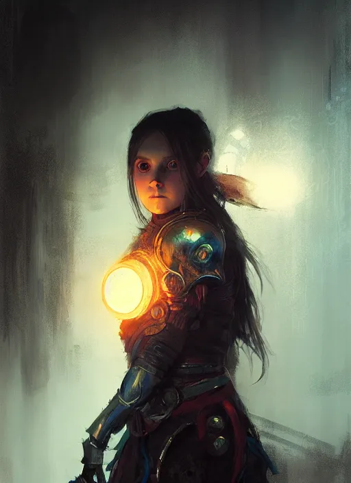 Prompt: portrait of a girl as mage wearing arcane light armor, fantasy, large anime eyes, cinematic lighting, by jeremy mann