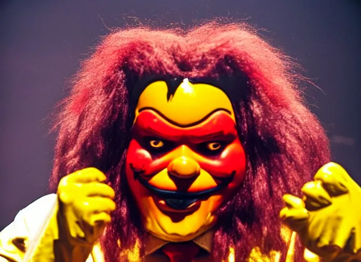 Prompt: publicity photo still of ronald mcdonald wearing a slipknot mask touring with slipknot live on stage, 8 k, live concert lighting, mid shot