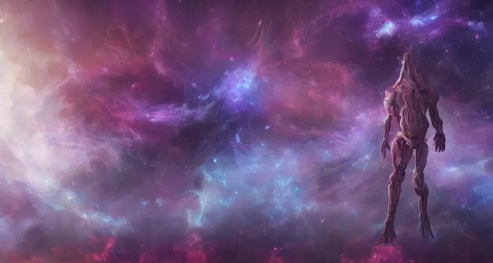 Prompt: a photo of one enormous humanoid pearlescent!! smoke!! nervous system skeletal ephemeral!! cosmic! old god!! floating in space!! in a nebula!!!!, 4 k, unreal engine, concept art, matte painting, cosmic horror!!, nightmare, color accents,