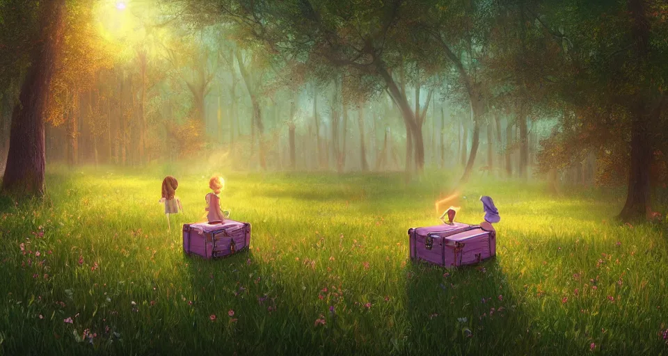 Image similar to Enchanted and magic forest, a glowing treasure chest sits in a meadow by ilya kuvshinov