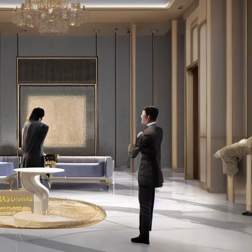 Image similar to intense quarrel between two lovers in the reception lobby space of a five star luxury hotel, movie still, cinematic, detailed, realistic, unreal engine, ray traced, artstation, v-ray 3d render, 4k HDR