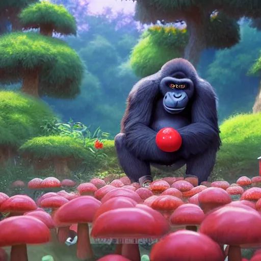 Prompt: a wholesome animation key shot of a gorilla holding a very small red mushroom, chilled out smirk on face, listening to music, jeep in background, studio ghibli, pixar and disney animation, sharp, rendered in unreal engine 5, anime key art by greg rutkowski, bloom, dramatic lighting