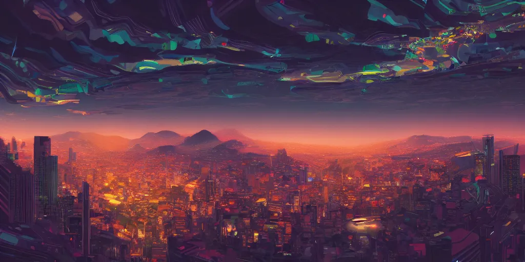 Image similar to ungovernable artificial intelligence, by Naomi Okubo, landscape, dramatic lighting, high contrast colors, panoramic view, as trending on Artstation,