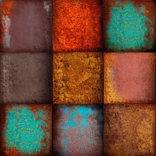 Image similar to large squares of different colors, rust texture, detailed