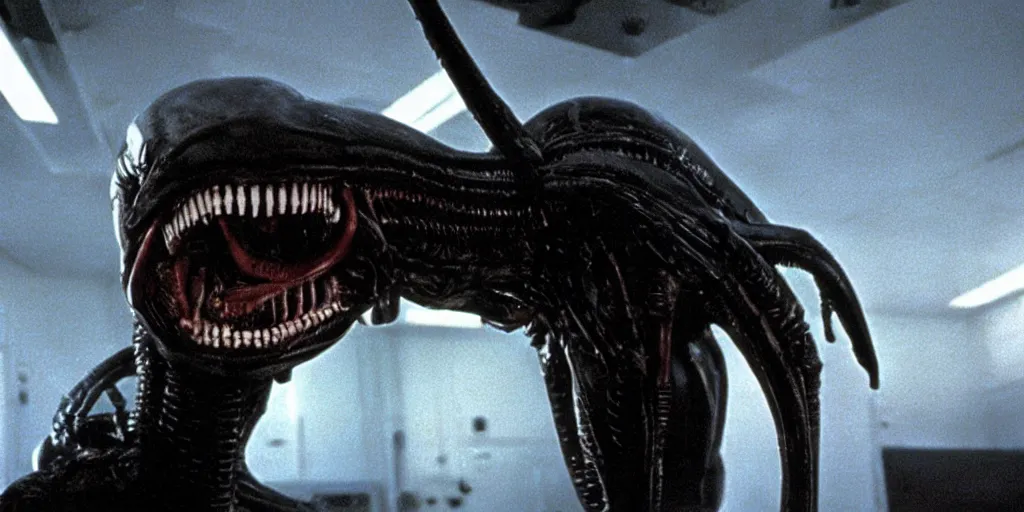Prompt: a wide angle movie still from alien ( 1 9 7 9 ) by ridley scott showing a xenomorph looking at camera | sci - fi and supernatural horror | uneasy and uncanny atmosphere | shot on celluloid with panavision cameras | panavision lenses | 3 5 mm film negative width | anamorphic projection format | critically acclaimed | oscar winning practical effects