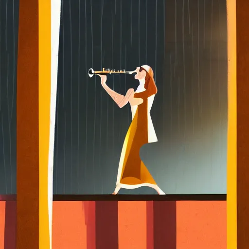 Image similar to a woman playing the saxophone on the roof of a building while it's raining, paint, golden hour