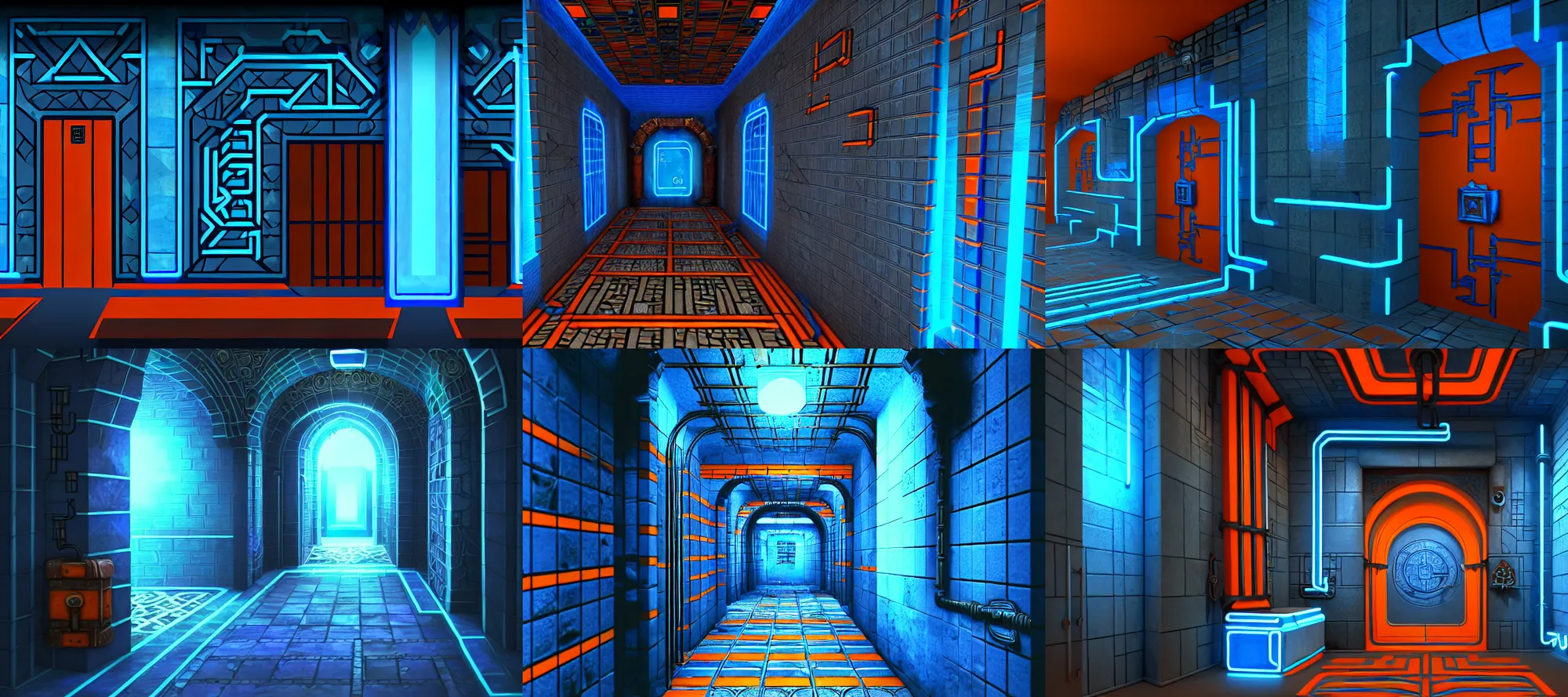 Prompt: futurepunk dungeon, ancient stone tiling, blue and orange neon lines along the wall, bluestone walls, trending on artstation. absurdly detailed linear hallway with doorways. wall fountain, treasure chest, cobwebs, digital readouts on a series of screens