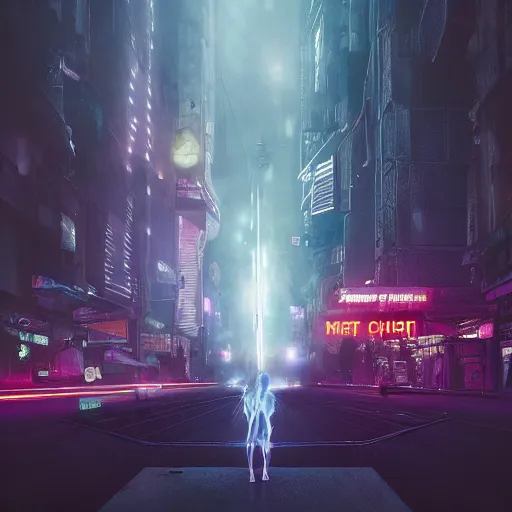 Image similar to Halloween ghost under a sheet, floating ghost, floating over futuristic metropolis sidewalk, at night, bright neon city lights, blade runner, trending on artstation, matte finish, volumetric lighting, 8k, 4k