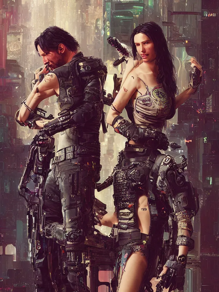 Image similar to a cyberpunk 2077 wedding couple portrait of Keanu Reeves as Johnny Silverhand and V in love story,pray,hug,hold,kiss,film lighting,by Lawrence Alma-Tadema,Andrei Riabovitchev,Laurie Greasley,Dan Mumford, John Wick,Speed,Replicas,artstation,deviantart,FAN ART,full of color,Digital painting,face enhance,highly detailed,8K,octane,golden ratio,cinematic lighting