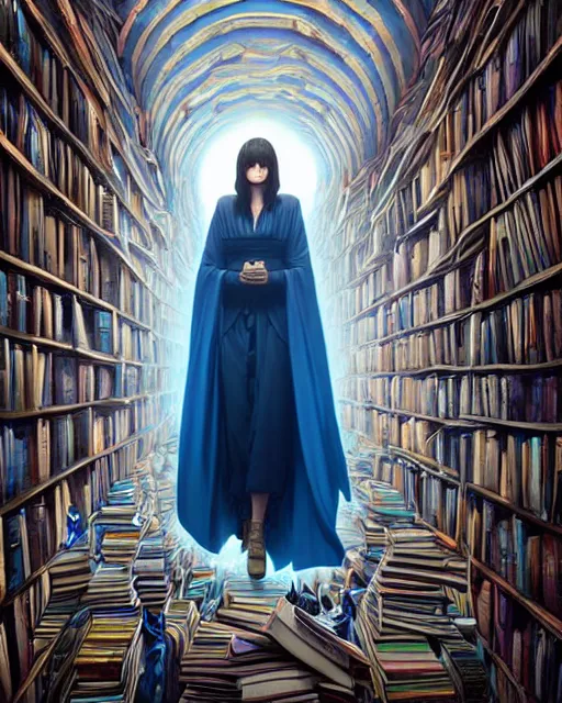 Image similar to highly detailed surreal vfx portrait of a female mage with a blue cape in a labyrinth of books, stephen bliss, unreal engine, greg rutkowski, loish, rhads, beeple, makoto shinkai and lois van baarle, ilya kuvshinov, rossdraws, tom bagshaw, alphonse mucha, global illumination, detailed and intricate environment