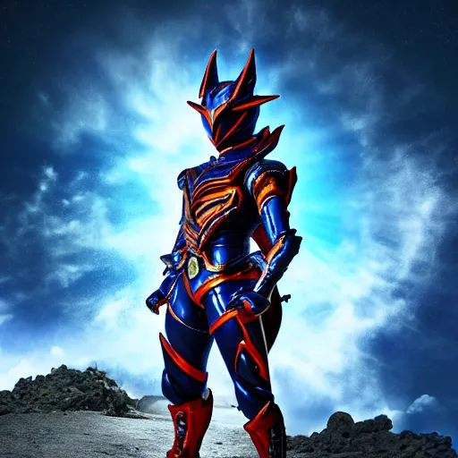 Image similar to High Fantasy Kamen Rider standing in a rock quarry, single character, full body, 4k, glowing eyes, daytime, rubber suit, dark blue segmented armor, dragon inspired armor, centered