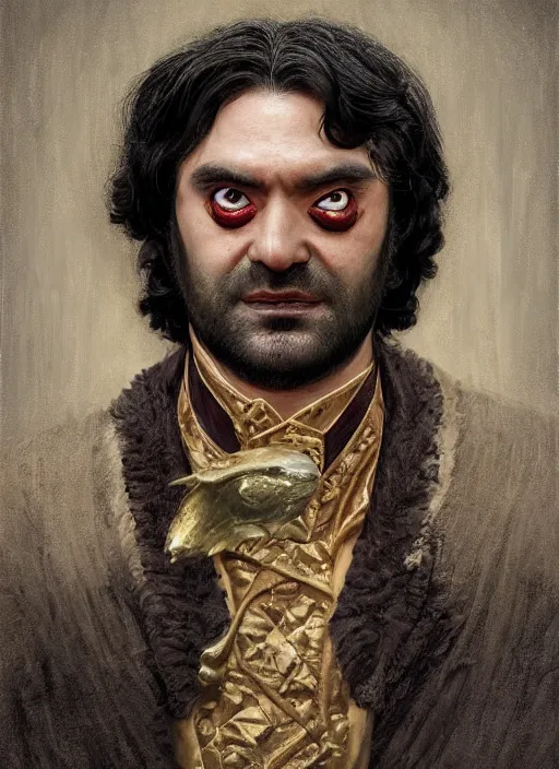 Prompt: portrait of Nandor from What We Do in the Shadows (2019), highly detailed, centered, solid color background, digital painting, artstation, concept art, smooth, sharp focus, illustration, artgerm, donato giancola, Joseph Christian Leyendecker, Les Edwards, Ed Repka, WLOP, Artgerm