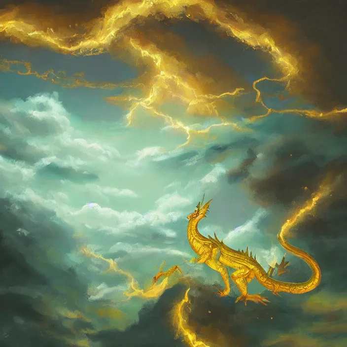 Image similar to beautiful oil painting of single golden eastern dragon in sky, green lightning, night clouds, above forest, high detail, trending on artstation