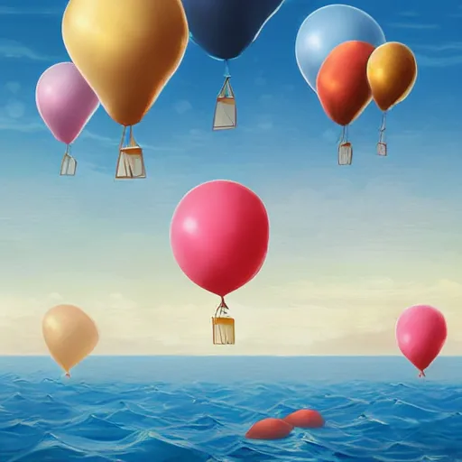 Prompt: digital art of plenty of birthday balloons floating above a beautiful sea. artstation cgsociety masterpiece