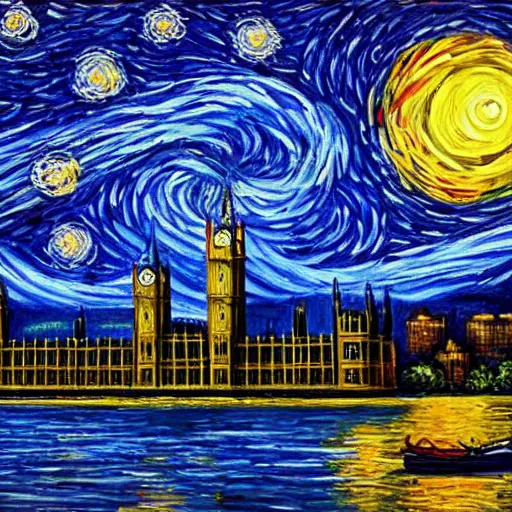 Prompt: A beautiful painting of the houses of parliament in style of starry night