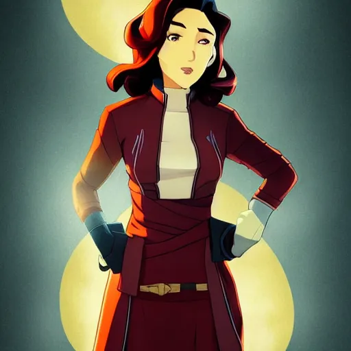 Image similar to “portrait of asami sato from the legend of korra, dieselpunk city, evening time, ambient lighting, 4k, anime key visual, lois van baarle, ilya kuvshinov, rossdraws, artstation”