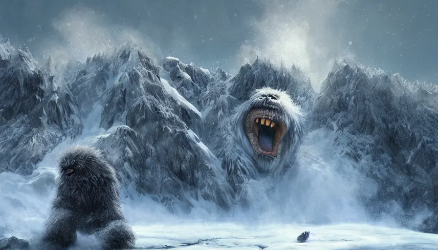 Prompt: Digital painting of a giant yeti roaring to the sky in a middle of snowy mountains, hyperdetailed, artstation, cgsociety, 8k
