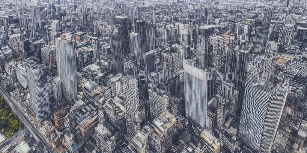 Prompt: drone view of a Brutalist architecture city with a large road through, telephoto lens, 3D digital art 4k