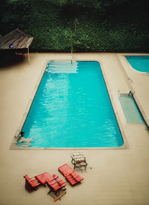 Image similar to photograph of a swimming pool in the style of wes anderson, 5 0 mm, pentax, film